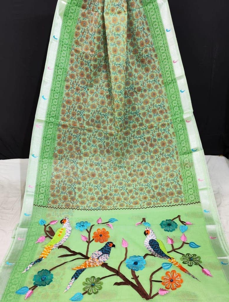 Kota Doria Paithani Embroidery Designer Saree Light Green Color with running blouse-2359 view 4