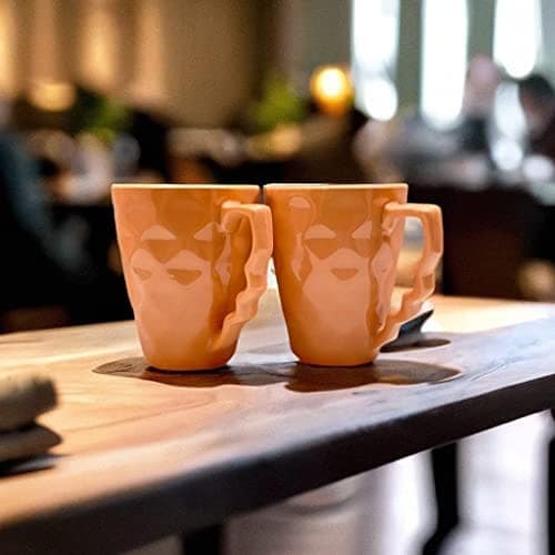 STOREPEDIA Handmade Diamond Design Ceramic Cup/Mug Set of 2, 350 ml Microwave Safe Mugs/Cups for Coffee Tea Soup Smoothie Ideal for Daily Office Travel Multi Purpose Use Orange Color view 2