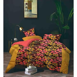Black Bee Pink Yellow Flowers Print On Brown Base Double Bedsheet With 2 Pillow Covers (208 X 213 Cm)(Bs8-04)