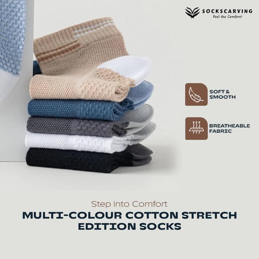 SOCKSCARVING Multicolour Cotton Stretch Edition Socks for Unisex - Pack of 6, Ankle length, Casual, Unisex-Men-Women view 2