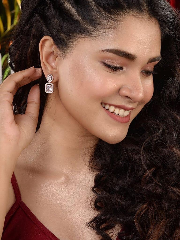 Rose Gold Plated AD Embellished Minimal Drop Earrings view 3
