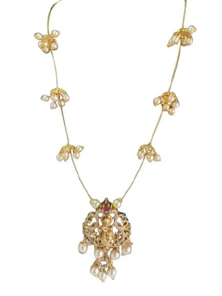 Pearl and antique gold traditional Indian pendant necklace view 3