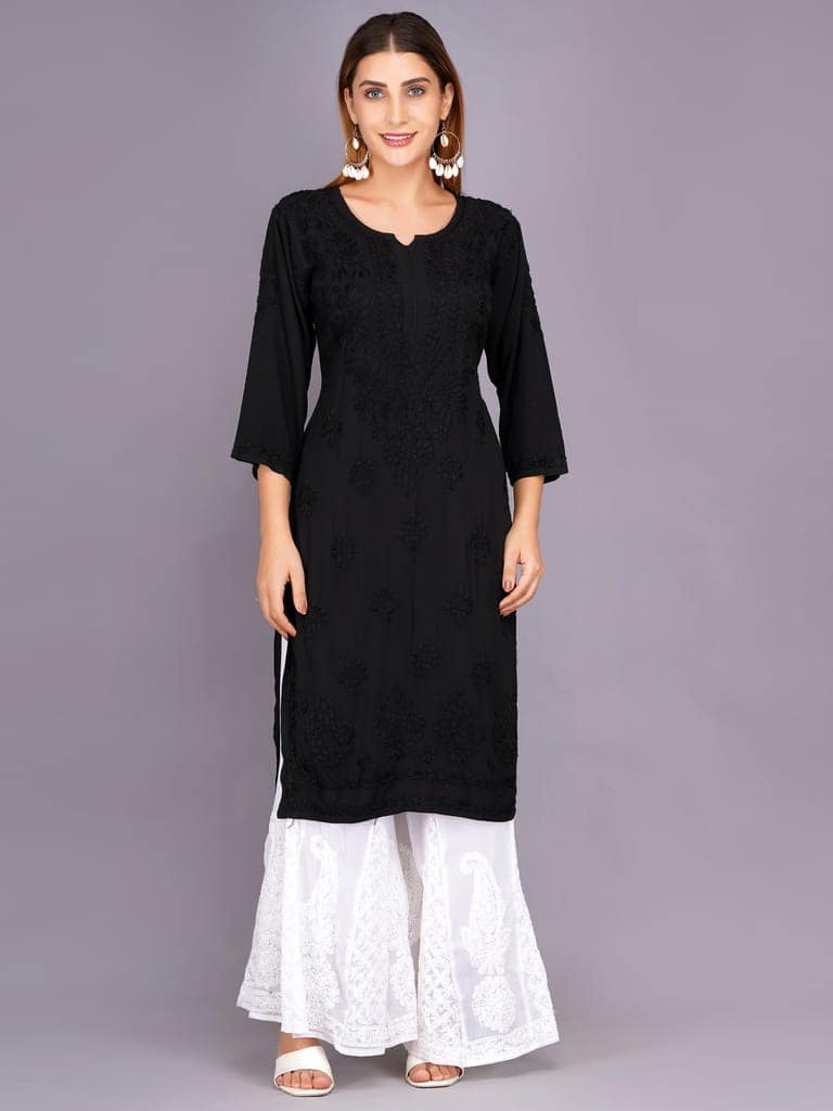 Mrs Right Women's Handcrafted Lucknow Chikankari Top | Premium 22 Kg Reyon Fabric |Black Embroidered Casual Ethnic Kurti