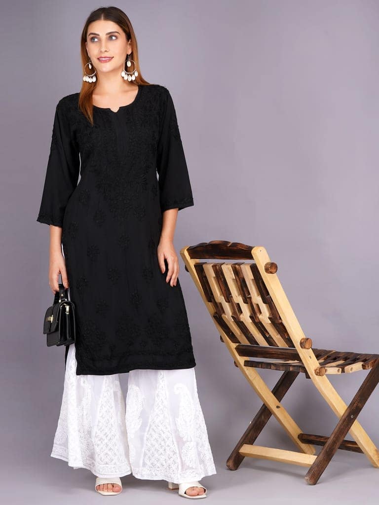 Mrs Right Women's Handcrafted Lucknow Chikankari Top | Premium 22 Kg Reyon Fabric |Black Embroidered Casual Ethnic Kurti view 5