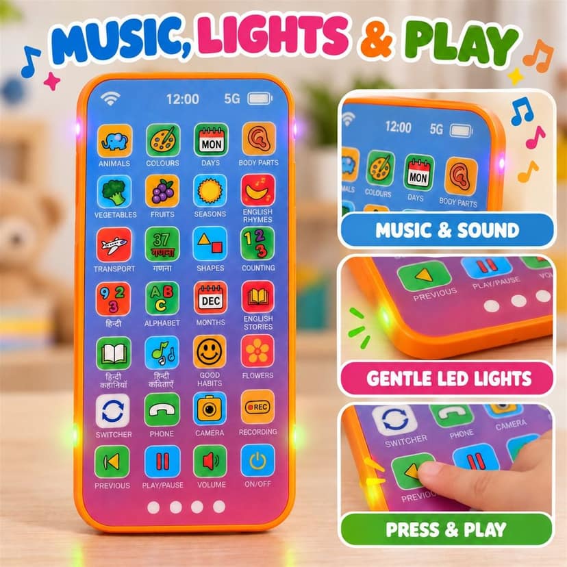 Kids Learning Mobile Phone Toy with Music Lights and Hindi English Audio (1 Pc) view 3