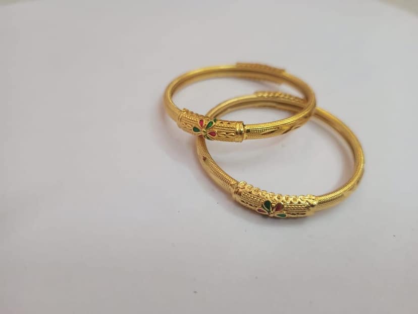 22K Yellow Gold Baby Kada with Red and Green Stones for Girls view 2