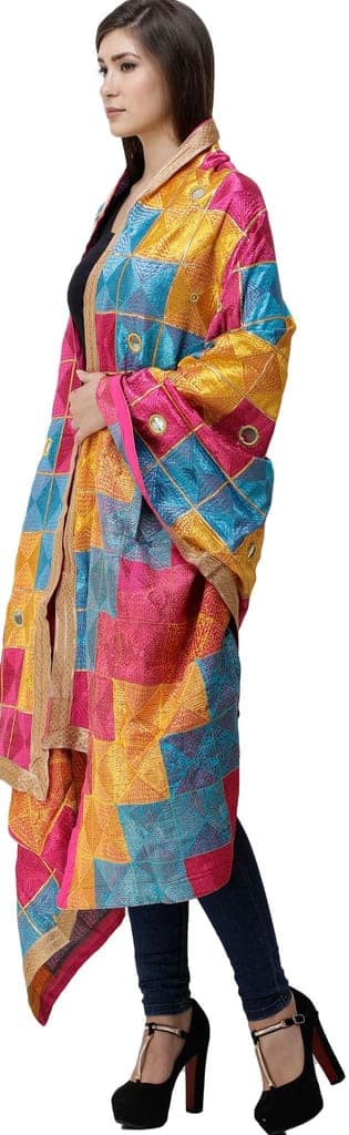 Flambe And Cyan Phulkari Dupatta from Punjab with Embroidery All-Over and Mirrors view 2