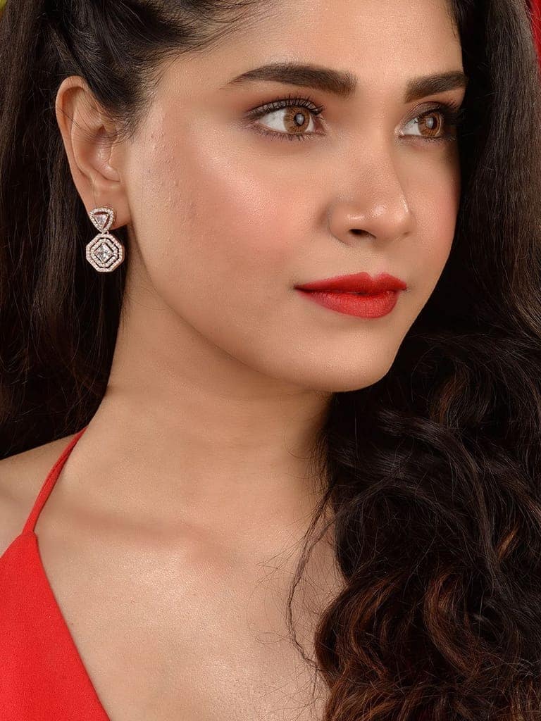 Rose Gold Plated AD studded Geometric Minimal Earring view 4