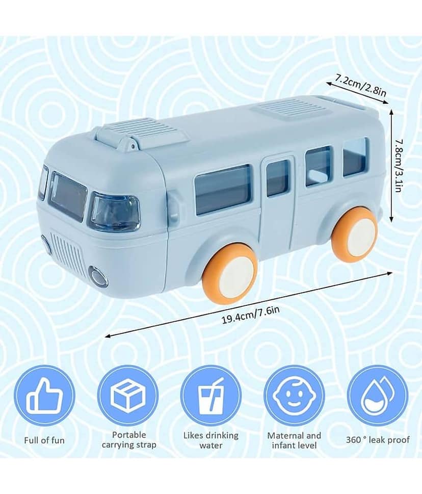 Bus Shape Water Bottle for Kids Detachable Straw with Shoulder Strap Leak-Proof Cartoon Water Bottle with Wheels (multy-Color) view 2