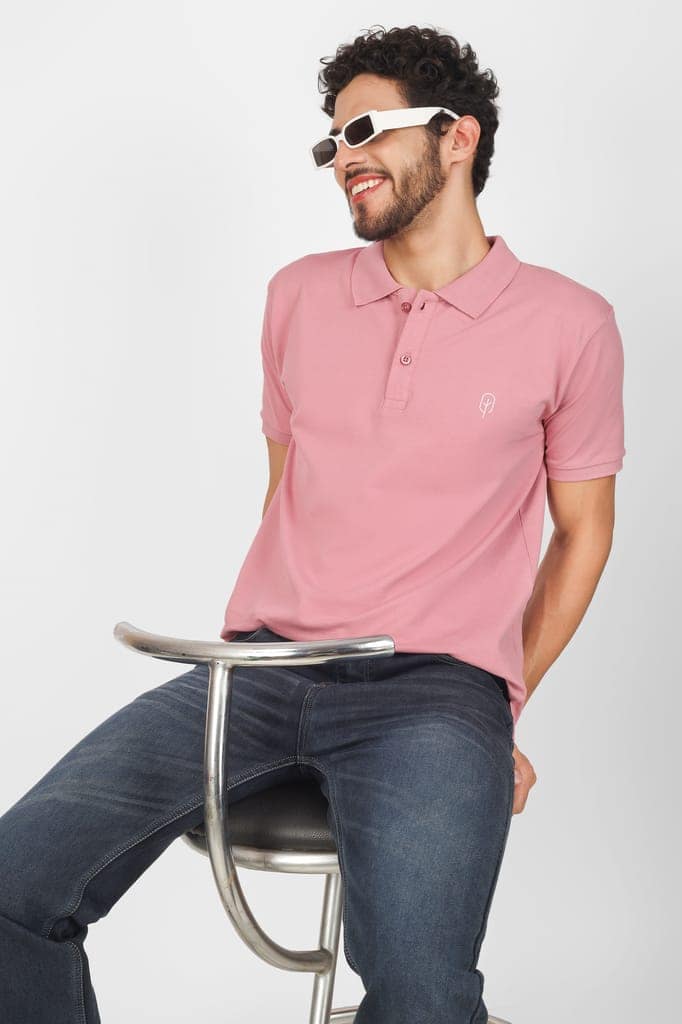 BLUEFICUS Men Solid Polo Neck Pure Cotton T-Shirt (Pink) view 3