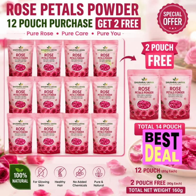 SHUSHRAJ JAIVIK Rose Petals Powder Face Pack | 12+2 Free | 14 Pouches | 1120g