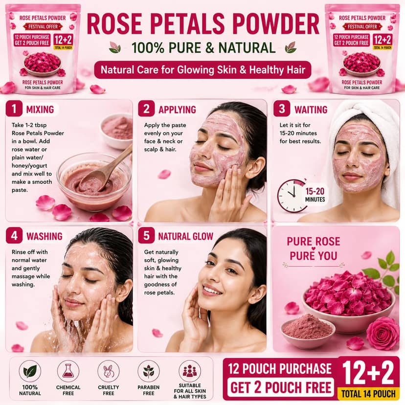 SHUSHRAJ JAIVIK Rose Petals Powder Face Pack | 12+2 Free | 14 Pouches | 1120g view 7