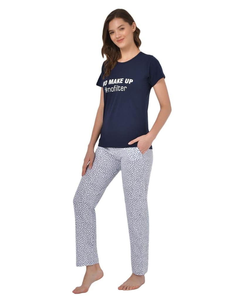 Klamotten Women's Blue Grey Graphic Printed Top and Allover Printed Pyjama Set N108N view 3