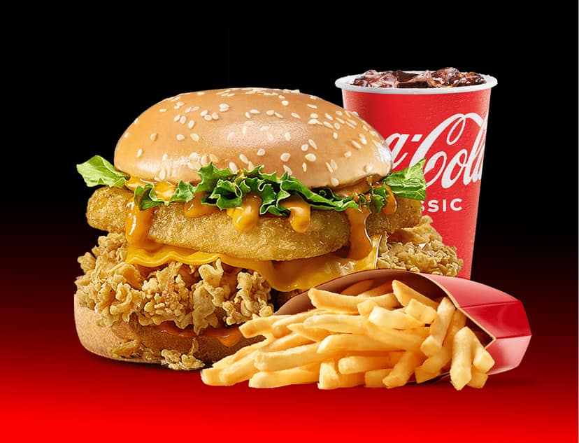 Cheesy inferno chicken burger meal