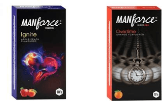 MANFORCE Ignite Apple-peach Flavoured Extra Dotted Box Condoms - 10 Pieces & 3 in 1 Condoms (Ribbed Contour Dotted) Overtime Orange Flavoured- 10 Pieces Condom (Set of 2 20 Sheets)