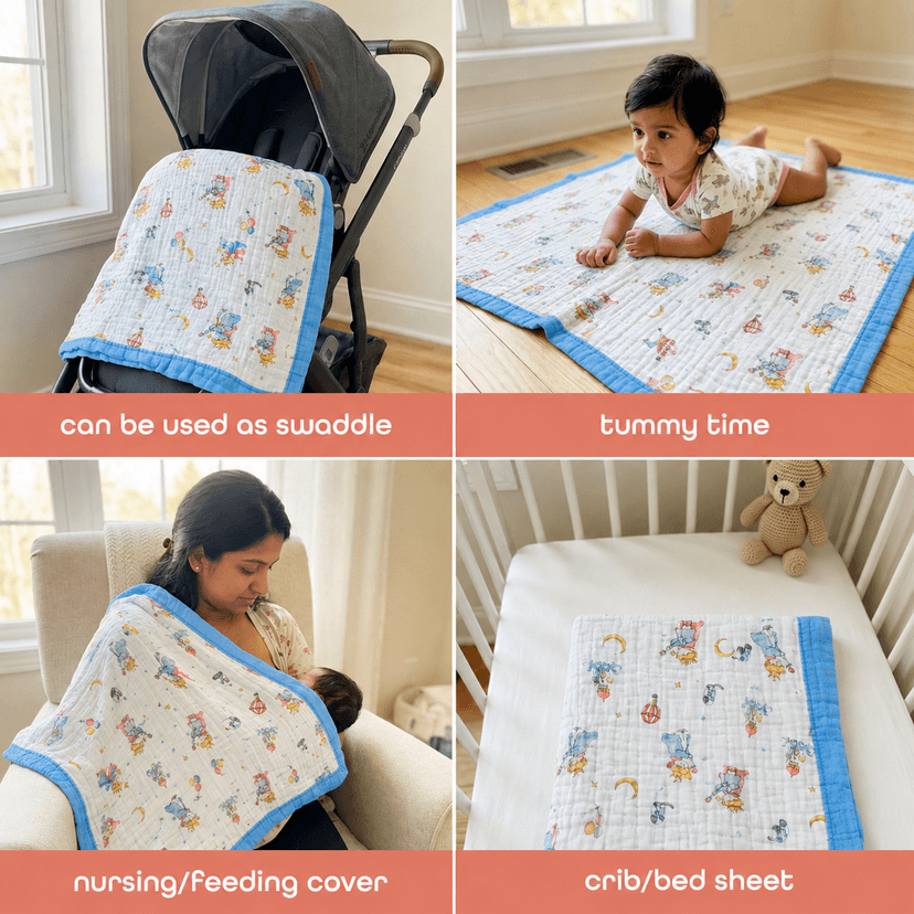 6-Layer Muslin Cotton Baby AC Blanket — Ultra-Soft, Breathable & Lightweight Blanket for Newborn to 6 Years, Stroller Cover & Crib Sheet (White and Denim Blue) view 3