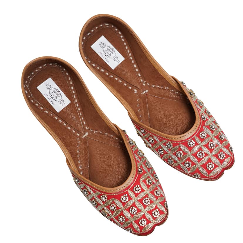 RSK ETHNIC WEAR, Red Color Embroidered Handmade Jutti for Women with Soft Leather and Double Cushion view 5