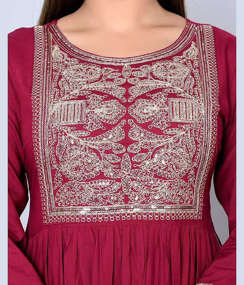 MAUKA - Maroon Nayra Rayon Women's Stitched Salwar Suit ( Pack of 1 ) view 2