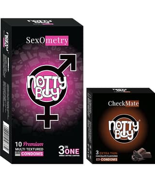 NottyBoy Ribs Dots Contour and Sweet Chocolate Flavour Condoms - (Set of 2, 13 Pieces)