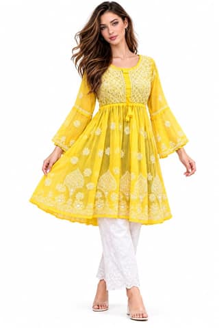Mrs Right Women’s Short Georgette Gown Frock with Handcrafted Lucknowi Chikankari Work, Umbrella Sleeves & Adjustable Waist Belt, Thigh Length