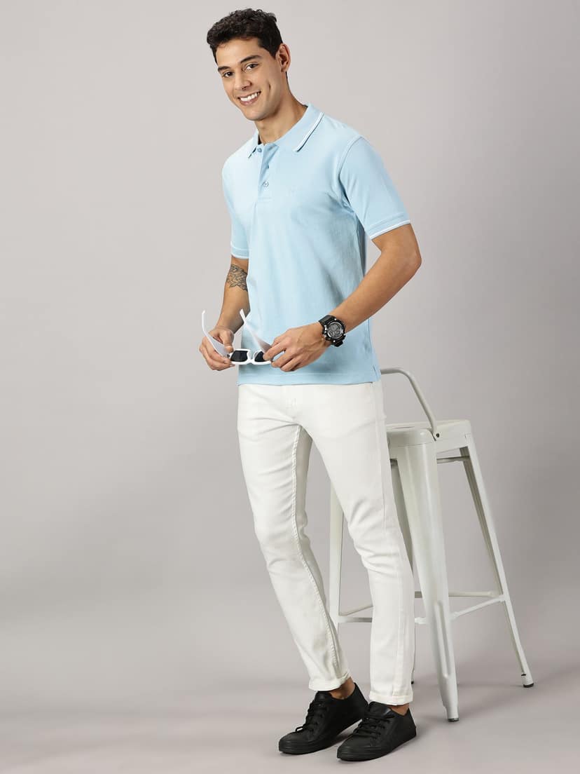 Pure Cotton Ice Blue Solid Polo view 3