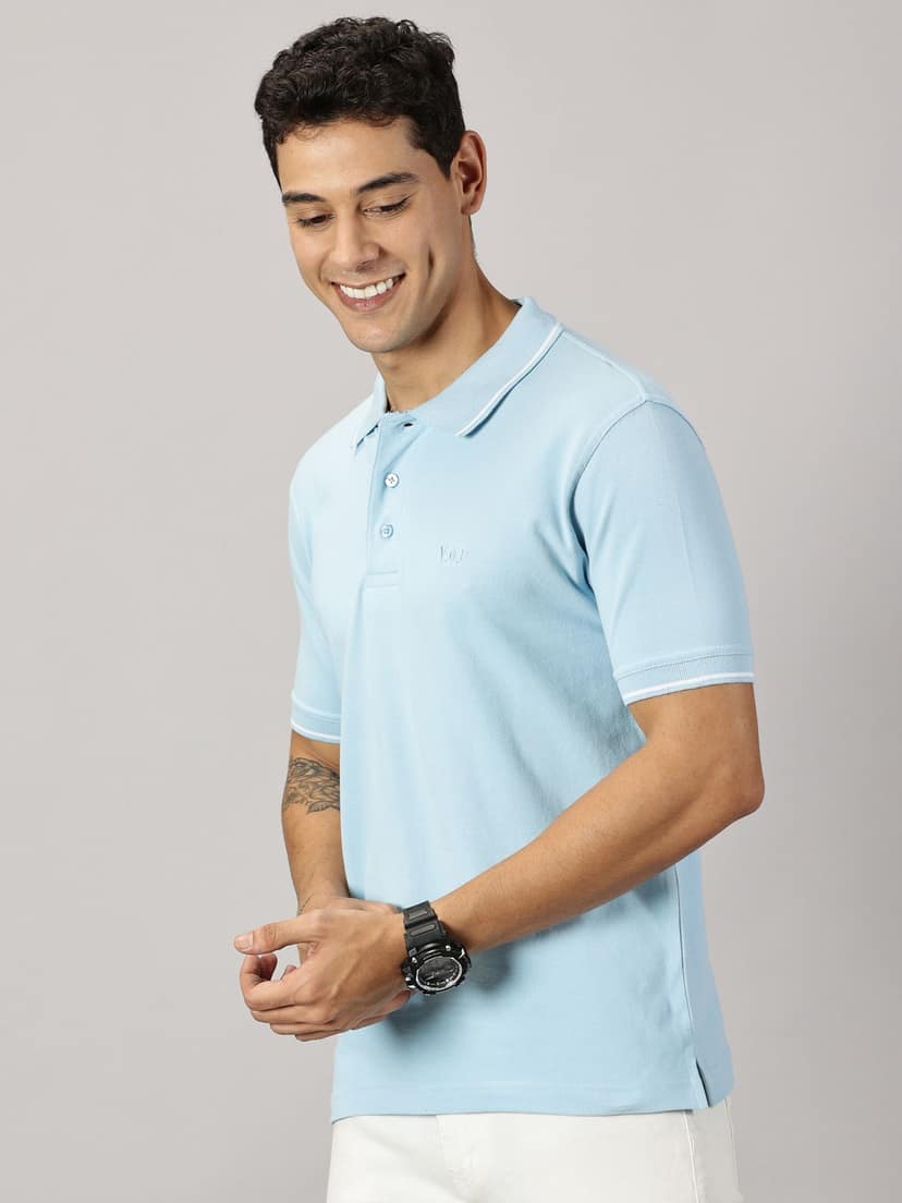 Pure Cotton Ice Blue Solid Polo view 6