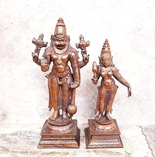 Searchers Paradise - Copper Idols Lakshmi Narasimhar,5.1 inches, Copper Handmade 1200 Grams, Patina Antique Finish, Pack of 1 Piece