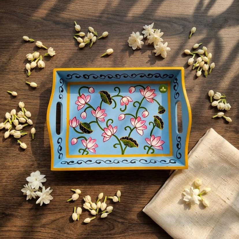 Hand painted pichwai art wooden sky blue color tray