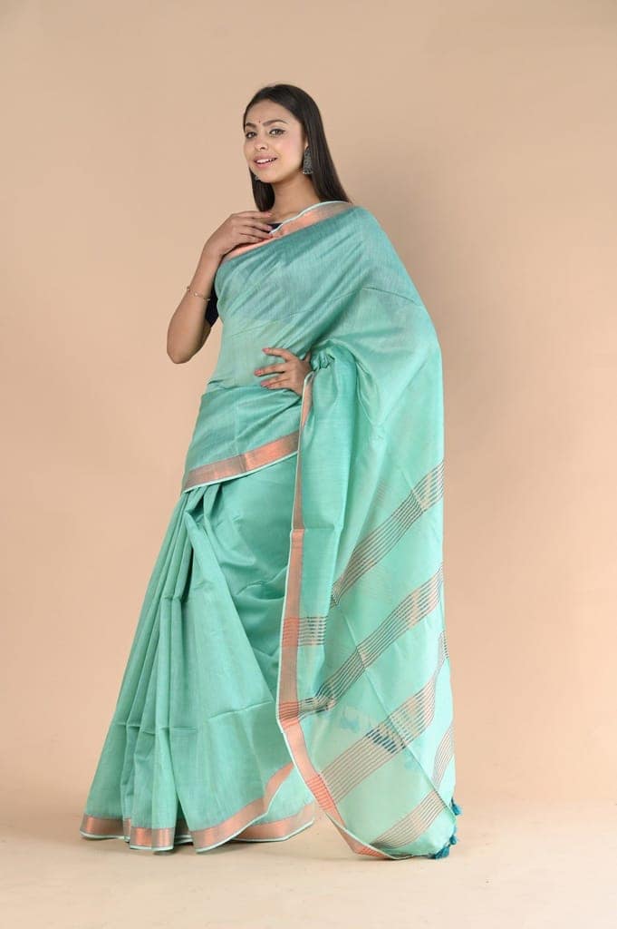 Handloom Cotton Silk Saree With Sleek Golden Border~teal green view 2