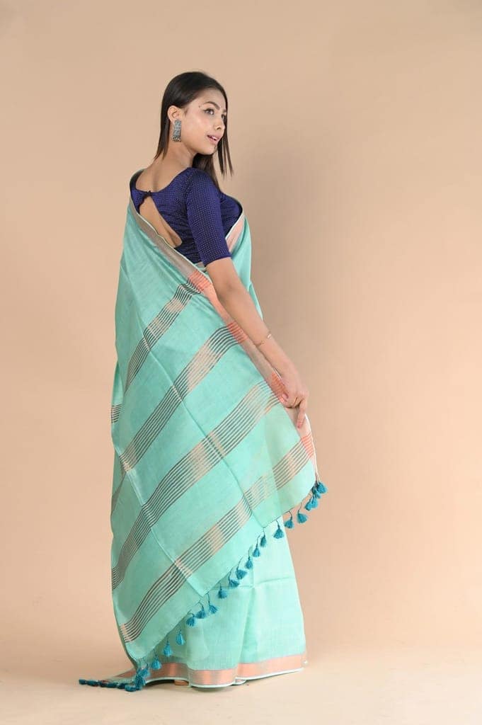Handloom Cotton Silk Saree With Sleek Golden Border~teal green view 4