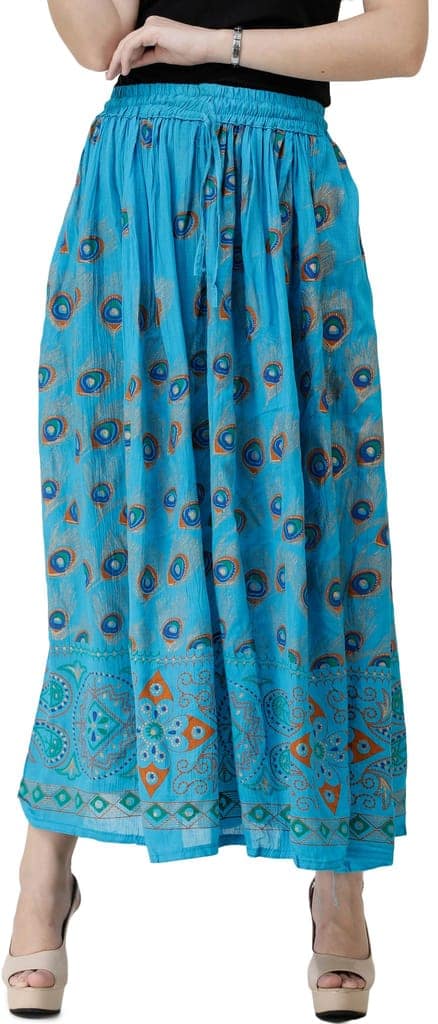 Vivid-Blue Long Skirt with Printed Peacock Feathers view 2