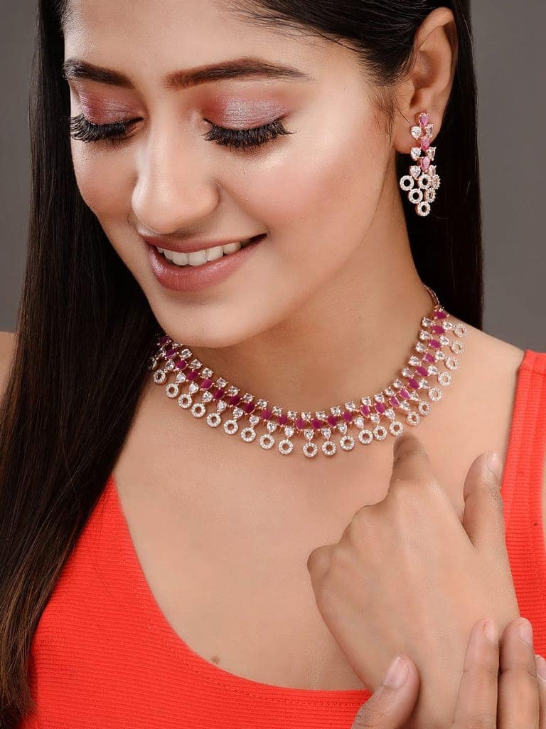 Rosegold Plated Red AD studded Necklace Earrings Jewellery Set view 2
