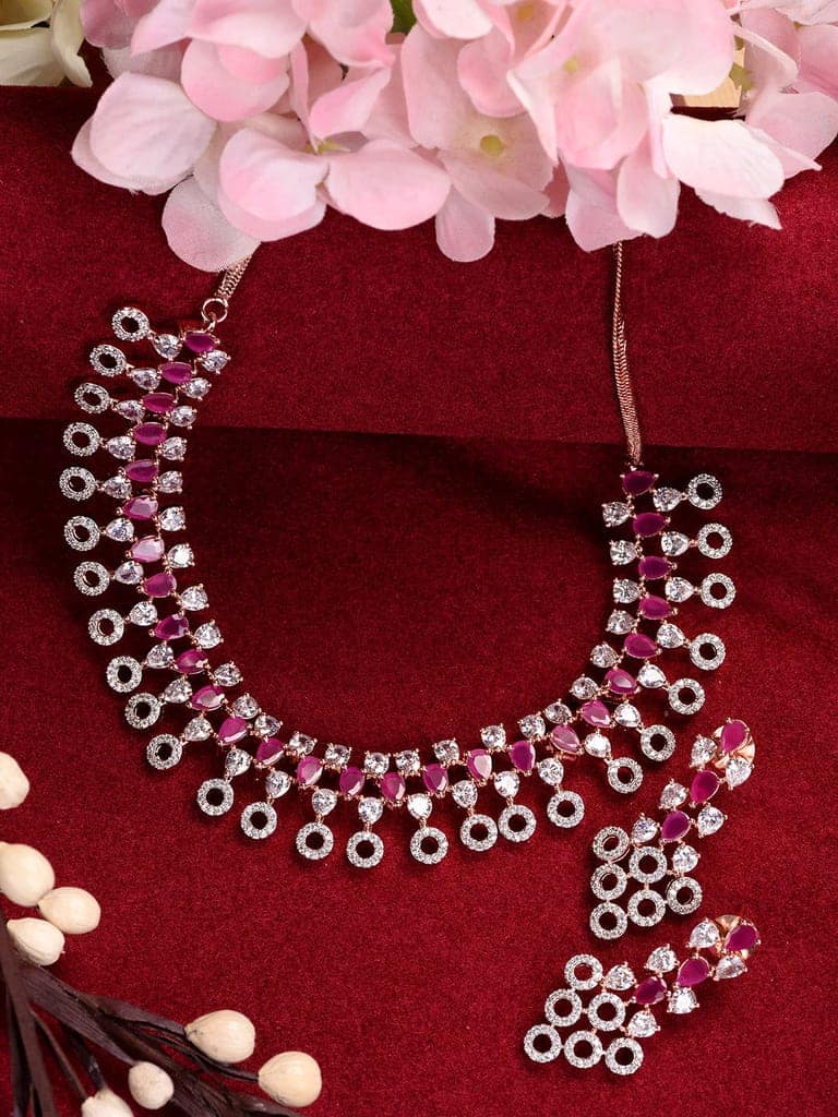 Rosegold Plated Red AD studded Necklace Earrings Jewellery Set view 3