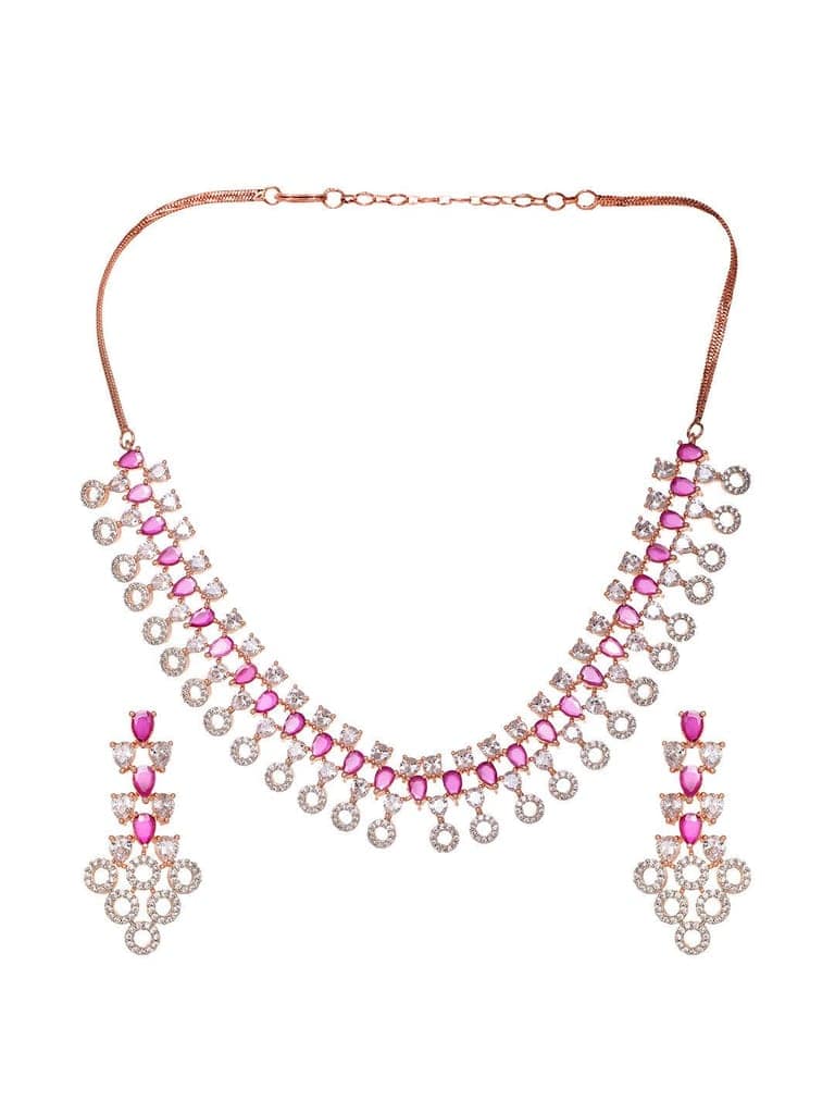Rosegold Plated Red AD studded Necklace Earrings Jewellery Set view 4