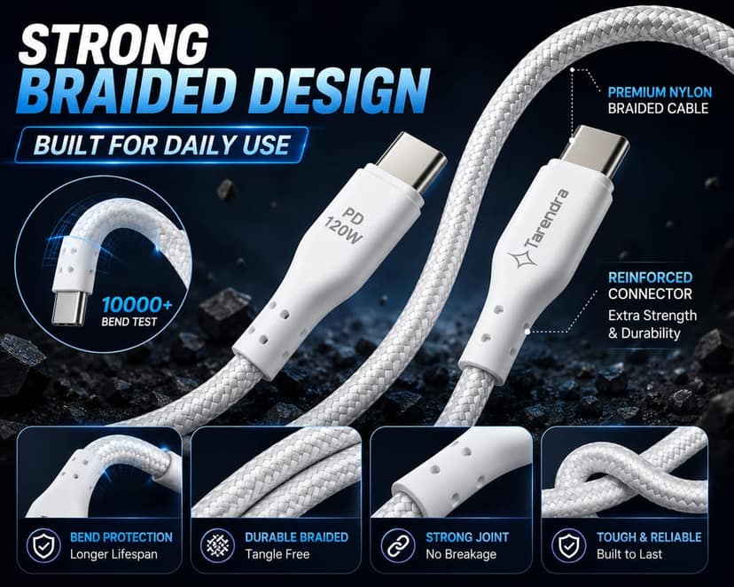 Tarendra Type C to Type C Fast Charging Cable 2 Meter 120W 10A PD Braided USB C Cable for Samsung, OnePlus, Realme, Redmi, Xiaomi, Vivo, Oppo, IQOO & All Type C Devices view 3