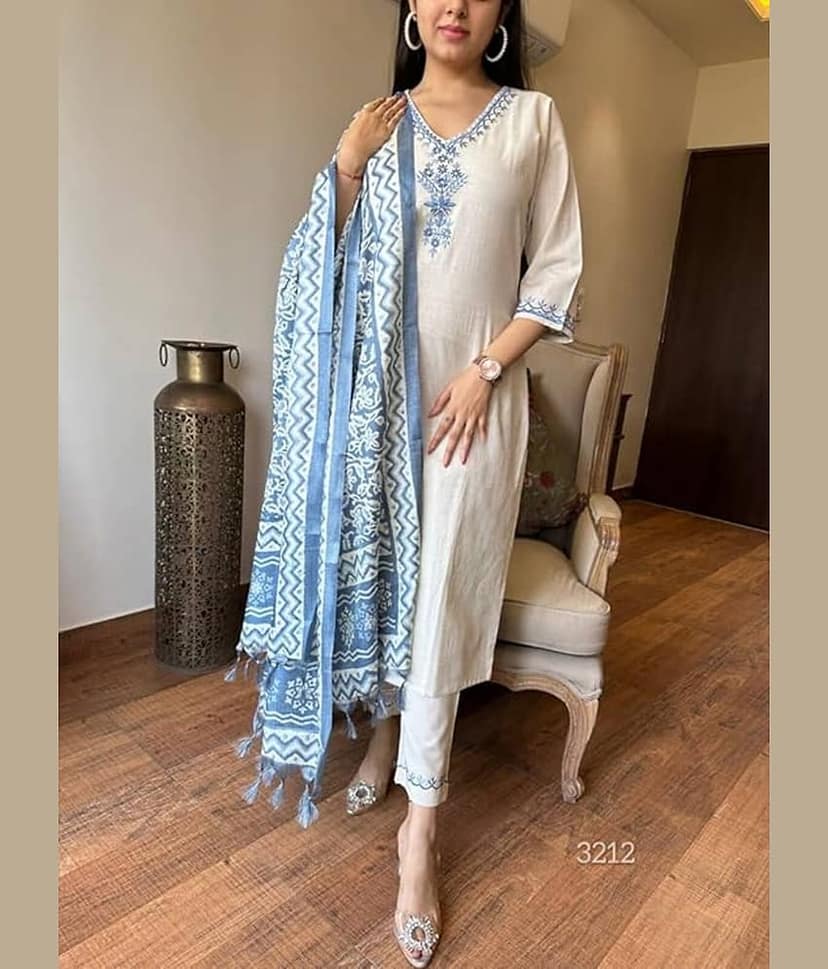 zasvo Women Cotton Embroidered A-line Kurti With Pants ( Cream )