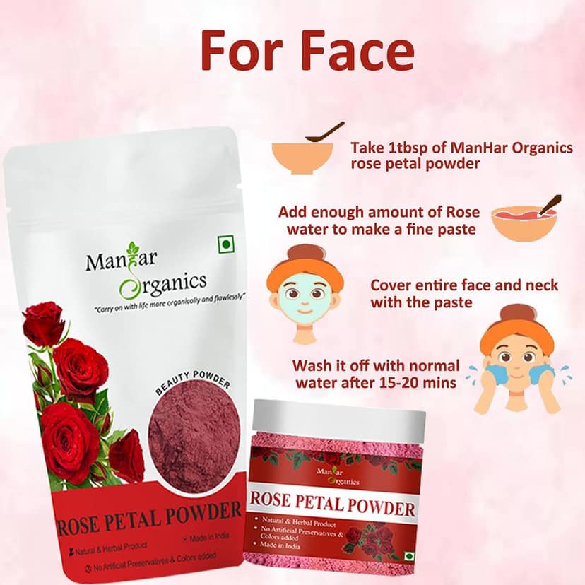 ManHar Organics Rose Petal Powder 100gm | Pure & Natural | For Glowing Skin, Face Packs & Hair Care | No Additives | Herbal Beauty Ingredient view 6