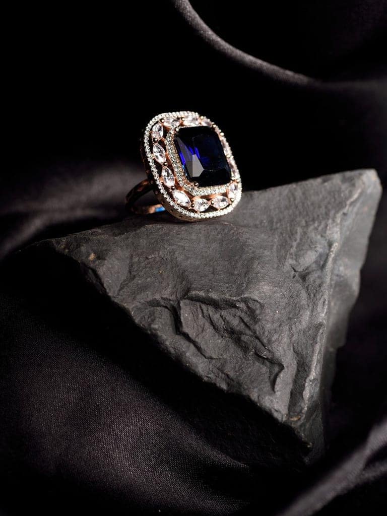 Rose Gold Plated Blue Studded Adjustable Cocktail Finger Ring view 2