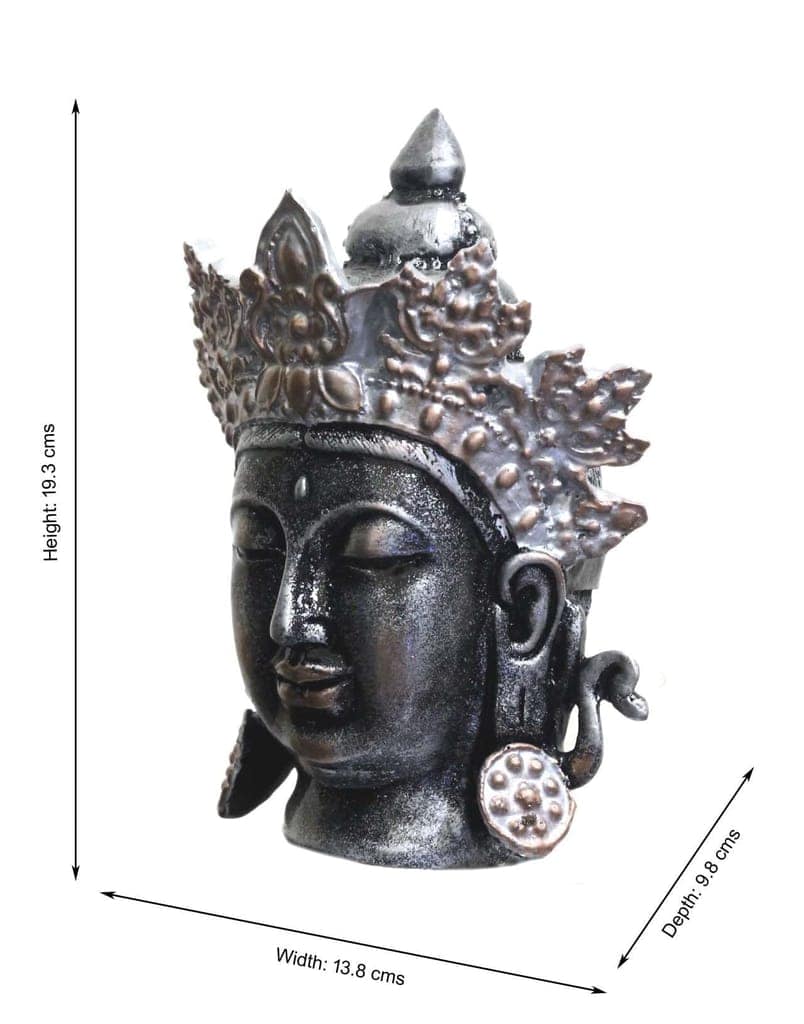 COPPERHOARD Antique Silver Resin Tara Devi Goddess Tara Meditating Buddha Head Statue with Beautiful Smile and Crown for Home Decor and Gifting. view 2