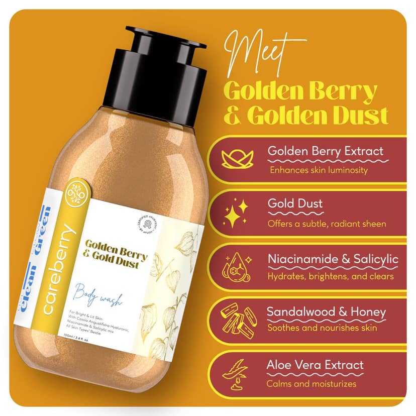 Careberry's Radiant Skin Revival Body Wash Pack of 4 - Hemp Seed & Shea Butter bodywash, Tea Tree & Eucalyptus shower gel, Argan & Almond oil shower gel, Golden Berry & Gold Dust body wash(100ml each) view 4
