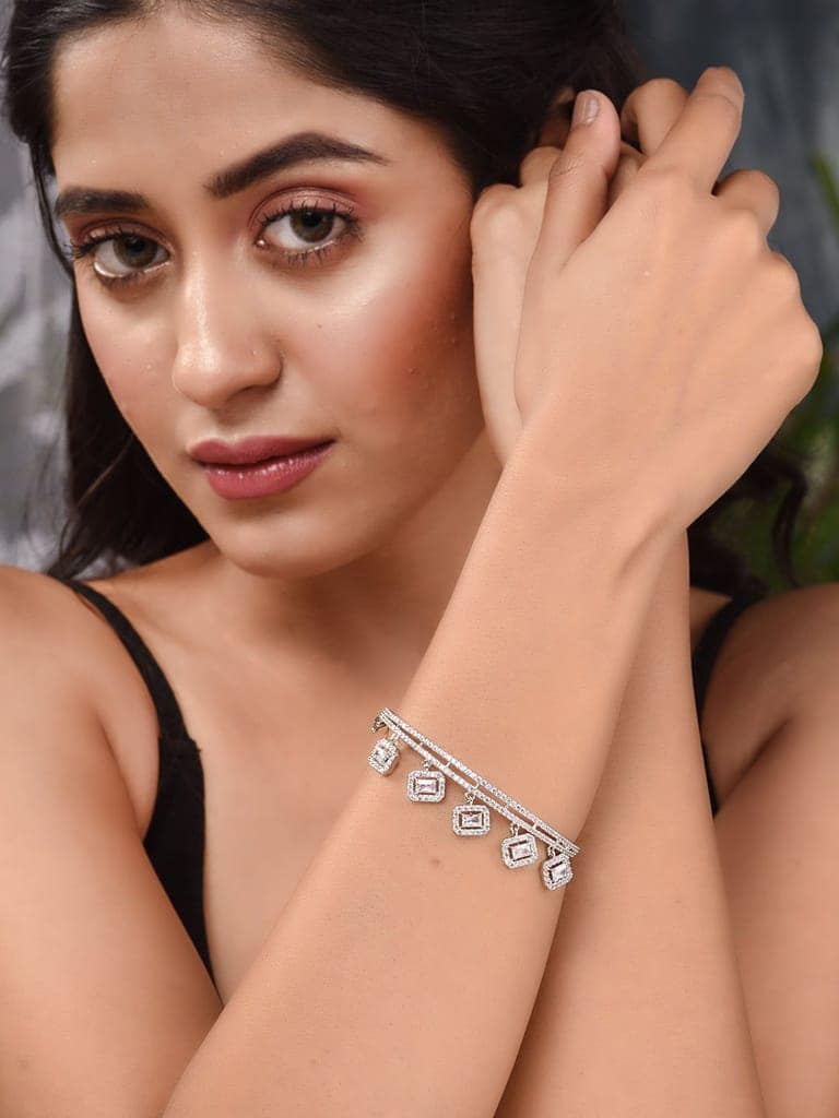 Silver Plated AD Studded Minimal Charms kada bracelet view 2