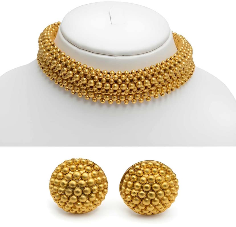 Gold Plated Traditional Beaded Choker Necklace Set with Matching Stud Earrings for Women Ethnic Jewellery Wedding Party Festive Wear
