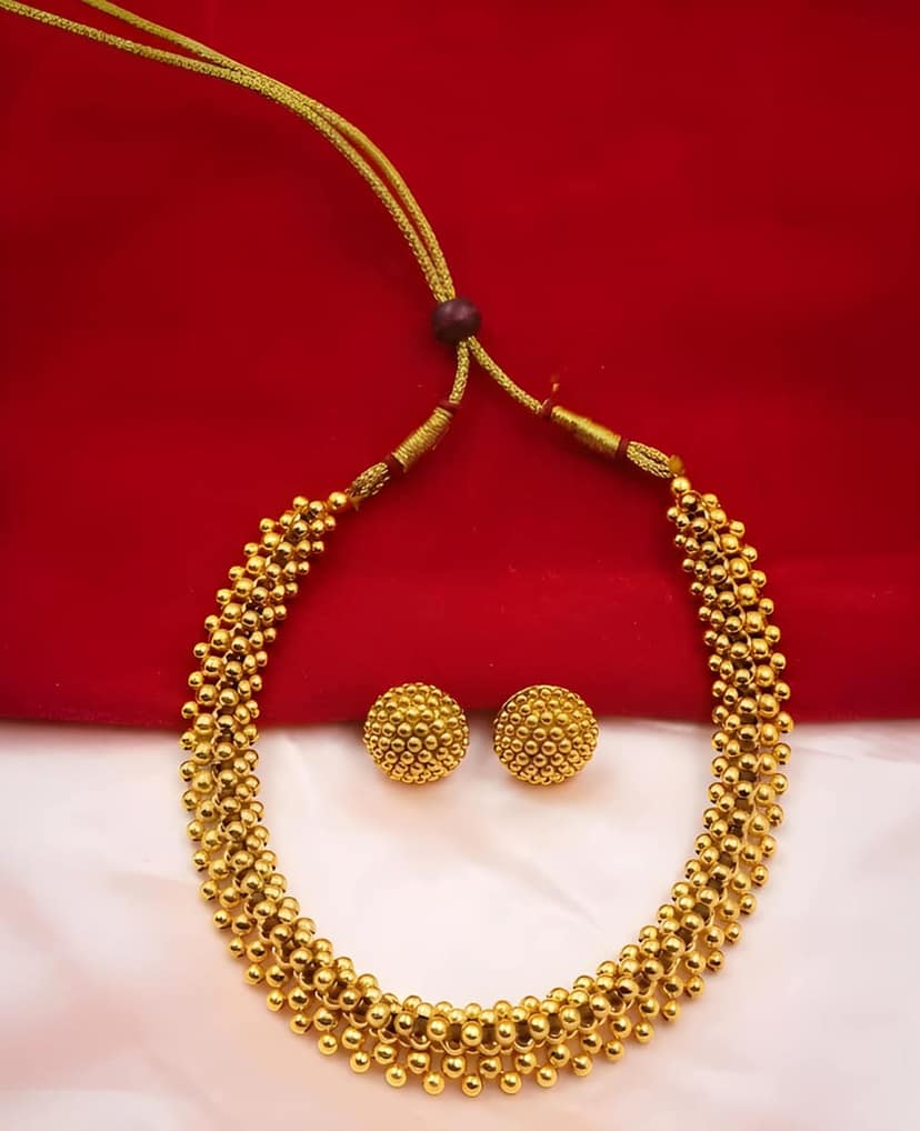 Gold Plated Traditional Beaded Choker Necklace Set with Matching Stud Earrings for Women Ethnic Jewellery Wedding Party Festive Wear view 3