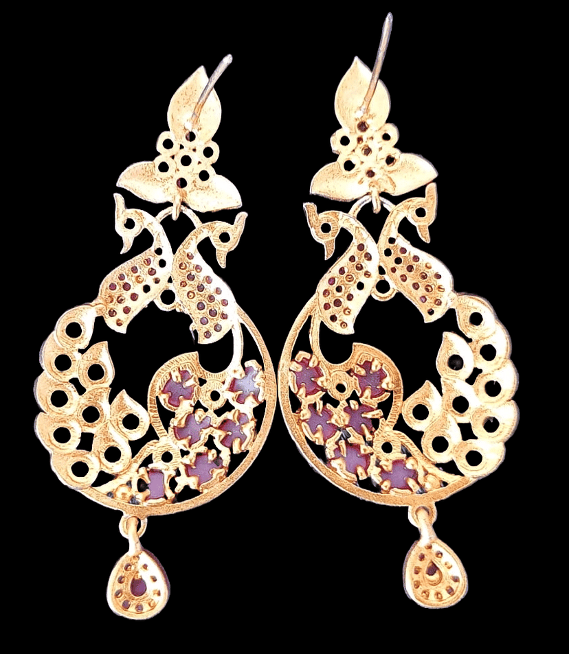 Stunning Peacock Chandbali Earrings with Ruby and Emerald Stones view 2
