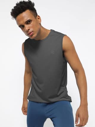 Men Dark Grey Textured Sleeveless Sports T-shirt