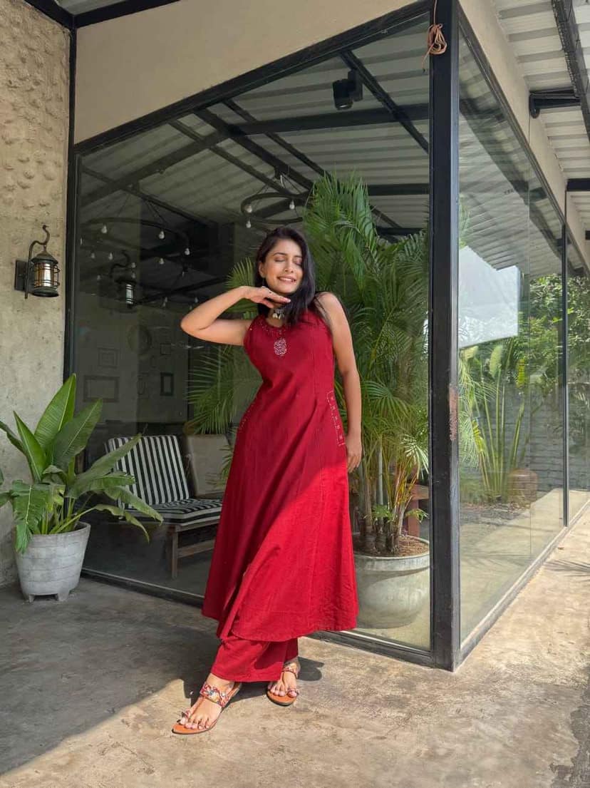 Cotton Slub Embroidered Kurta Set view 2