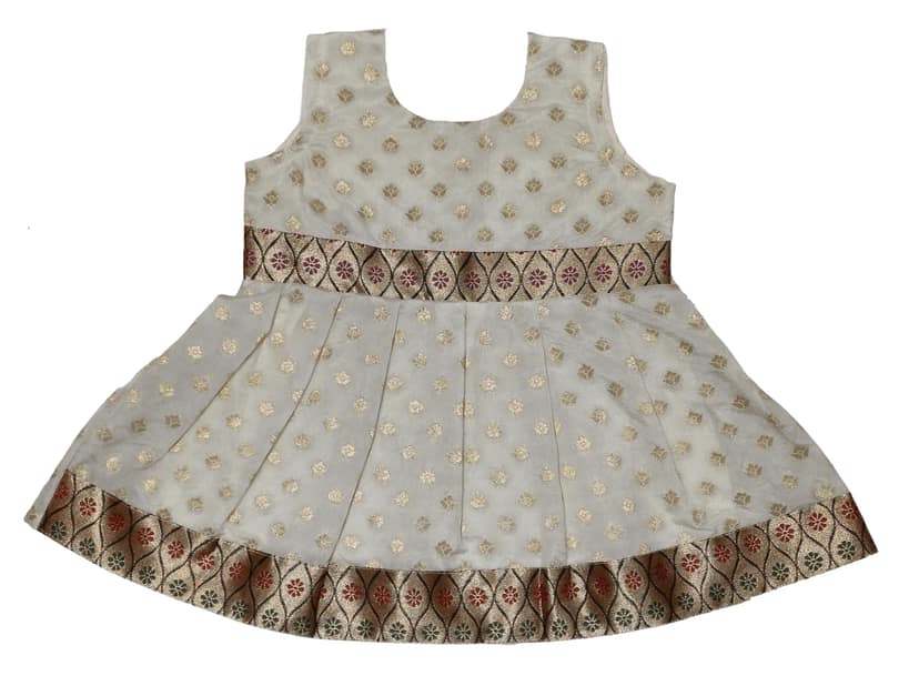 Soft Sleeveless Baby Frock with Golden Brocade for Weddings