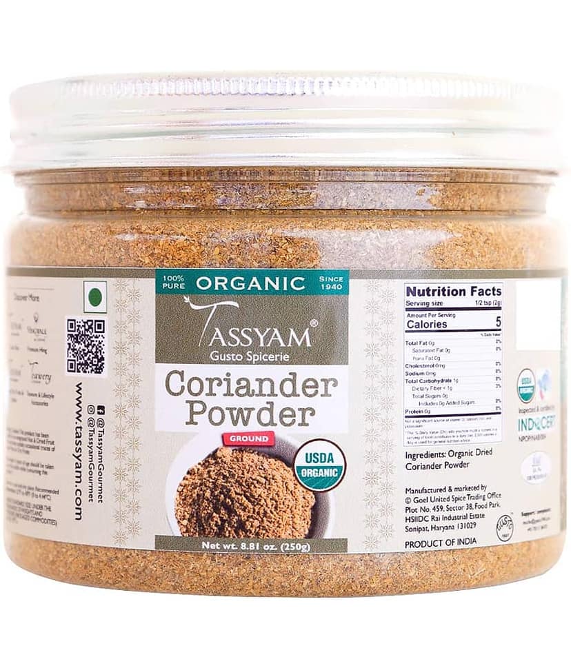 Tassyam Certified USDA 100% Organic Coriander Seeds Powder 250 gm