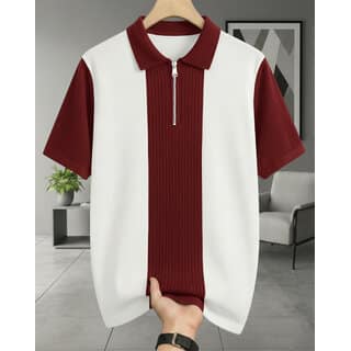 Ausk Mens Maroon, White Graphic Print Cotton Blend Polo Collar T-Shirt