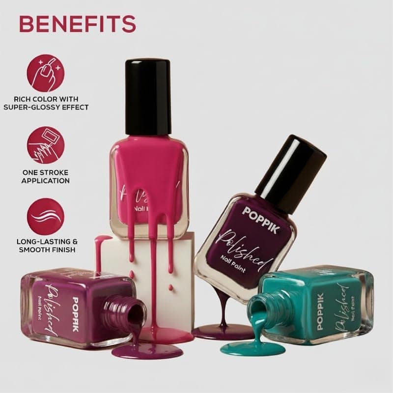 POPPIK Polished Nail Paint 8 ml, Quick-Dry, Long-Lasting & Chip-Resistant Nail Colour with Intense Pigment, Waterproof & Scratch-Proof, Satin Finish, Non-Toxic & Skin-Friendly view 5